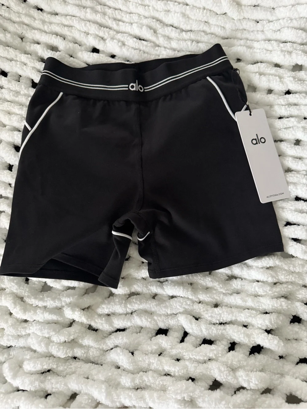 ALO Yoga Black Bike Shorts with White Trim